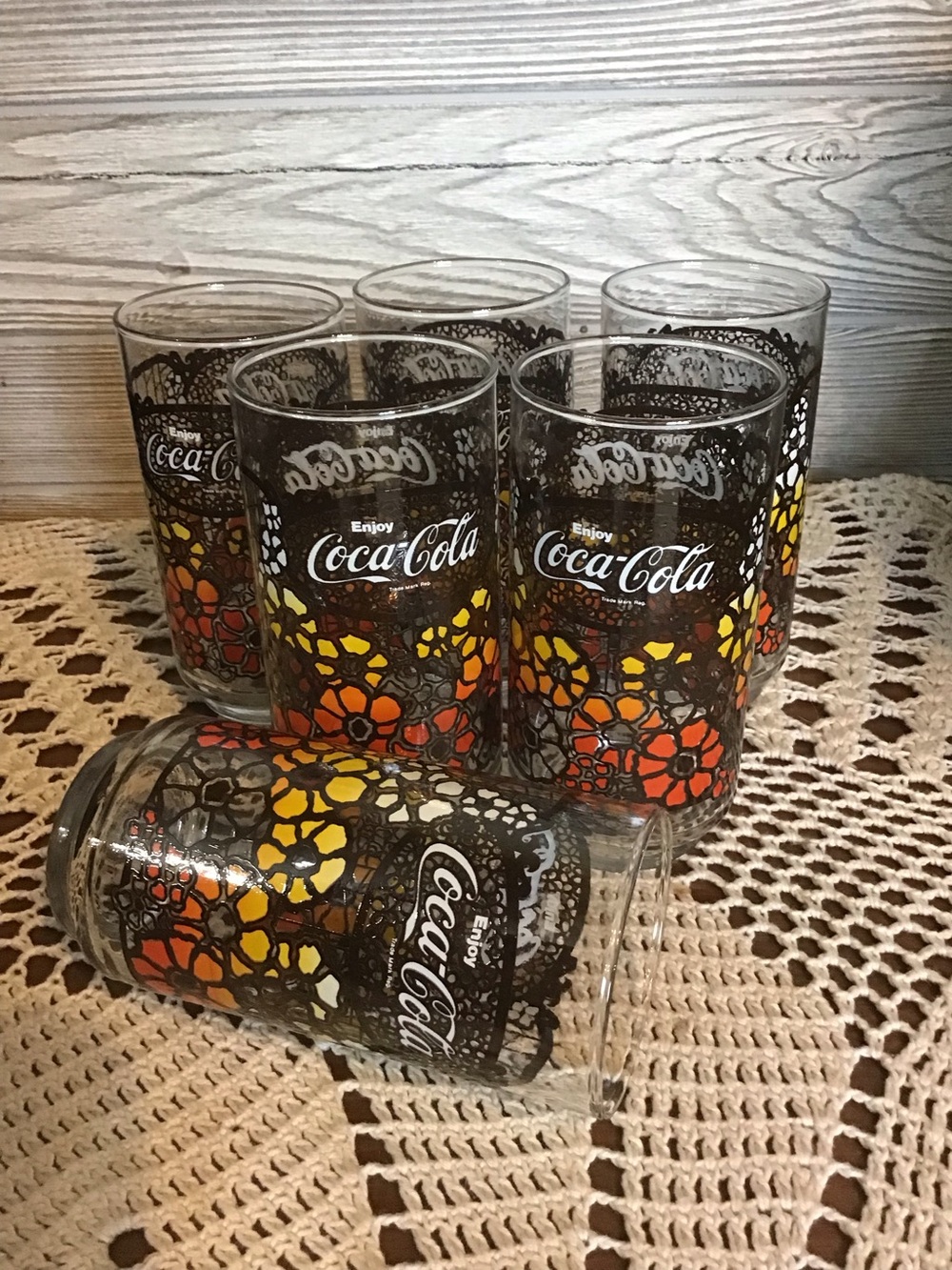 Vtg Coca-Cola Black Lace Glasses with Yellow and Orange Floral Accents 1970’s